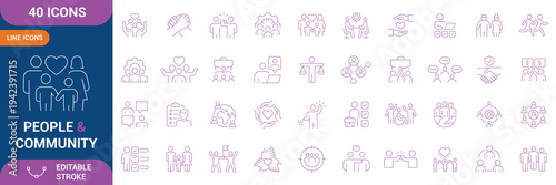 People & Community Icon Set. Human Icon Set. Containing People, social, diversity, relationships, group, human, community, collaboration and etc. line Icon Collection. Editable stroke. Vector Eps