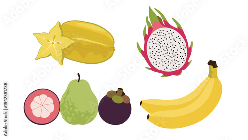 Assorted group of tropical and exotic fruits including a dragonfruit, starfruit, pear, banana, and mangosteen displayed on a white background.