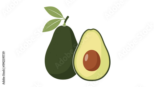 Whole dark green avocado stands next to a perfectly sliced half showing the large brown pit and creamy yellow flesh with green leaves.