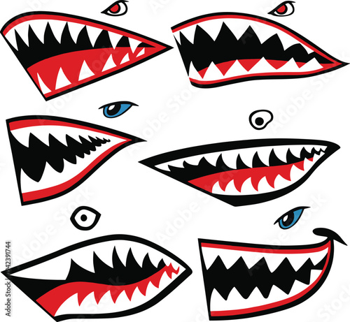 Aggressive shark mouth decals set featuring sharp teeth and angry eyes for vehicle design