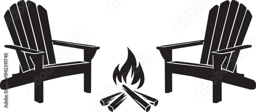 Cozy campfire scene with two adirondack chairs silhouette vector for outdoor camping theme