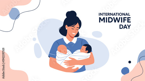 Caring midwife dressed in a blue uniform holds two newborn babies wrapped in white swaddle blankets for International Midwife Day celebration.