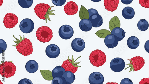 Vibrant seamless pattern composed of clusters of dark blueberries and ripe red raspberries with green leaves on a light blue background.