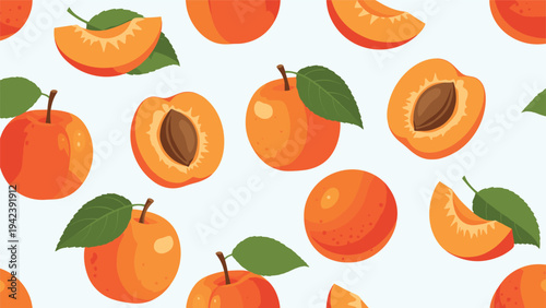 Bright seamless pattern featuring whole apricots, sliced halves with pits, and green leaves on a soft light blue background for a fresh look.