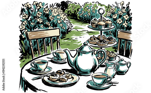 Garden Tea Party Illustration. Afternoon tea table setting with teapot, pastries, and cakes for poster, print, and graphic design decor.