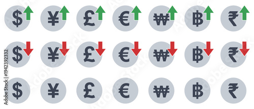 世界の主要通貨記号アイコンセット（上昇・下落・通常）