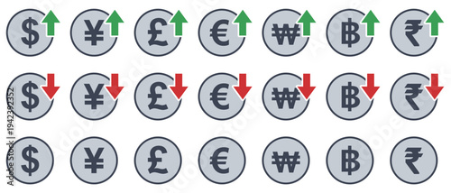 外枠付き主要通貨アイコンセット（為替変動・上昇・下落）