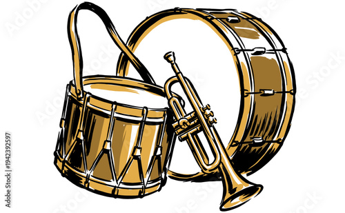 Marching band musical instruments illustration. Drum and trumpet graphic print design for t-shirt, poster, sticker, and music club branding.