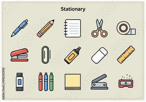 Collection of Stationery Items Including Pens, Pencils, and Office Supplies on a Neutral Background from a Direct Viewpoint