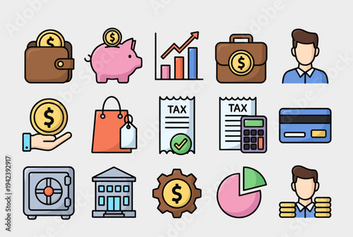 Financial icons collection illustrating various aspects of money management and transactions in a modern digital context