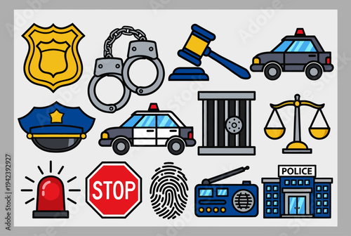 Illustration of law enforcement elements including police, justice, and crime scene symbols from a straightforward viewpoint