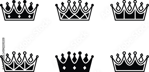 Collection of six black crown logos or icons