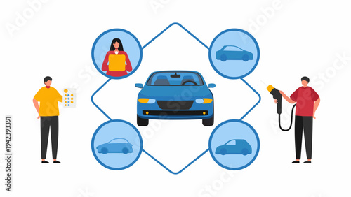People interacting with electric car and charging