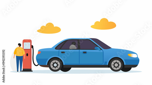 Person charging electric blue car at modern charging station