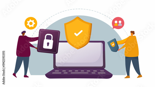 Professionals securing online data with shield and lock
