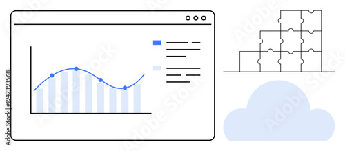 Data analytics through graphs and line charts, paired with cloud computing and puzzle pieces integration. Data analytics for cloud solutions, process optimization, and technology integration. Use in