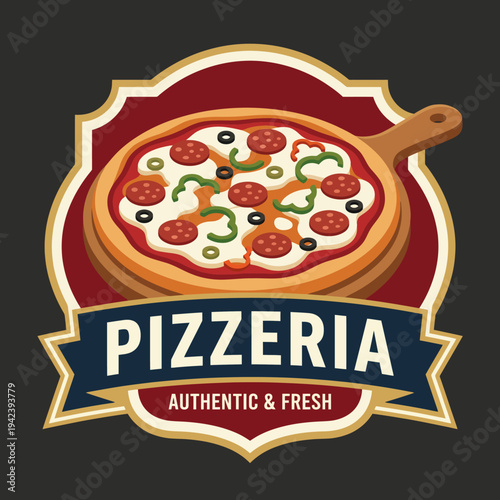 This vibrant logo showcases a delicious pepperoni pizza on a wooden platter, effectively capturing the essence of fresh and authentic pizzeria offerings.