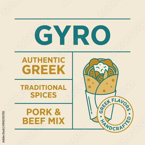 This image showcases a logo for a Greek gyro brand, emphasizing authentic flavors and handcrafted quality, featuring elements representing traditional foods.
