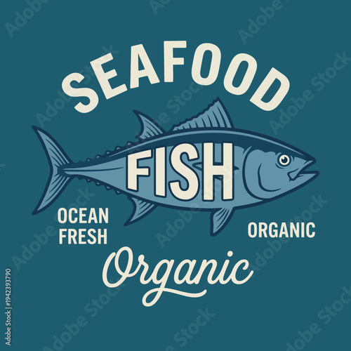 This image features a stylized fish design emphasizing organic and fresh seafood, perfect for promoting oceanic food products or restaurants that specialize in fish dishes.