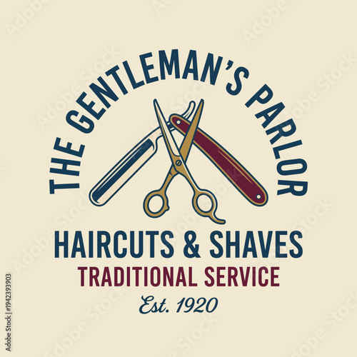 A classy design that features grooming tools for a gentleman's parlor, emphasizing traditional haircuts and shaves. Great for barbershops and men's grooming services.