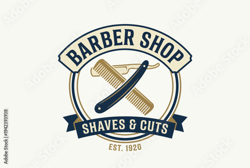 A vintage-style barber shop logo featuring crossed tools, symbolizing traditional haircuts and shaves, with elegant typography and a classic color palette for appeal.