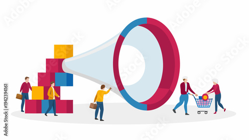 People amplifying marketing message with megaphone and colorful blocks