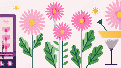 Vibrant flowers and cocktail illustration for spring