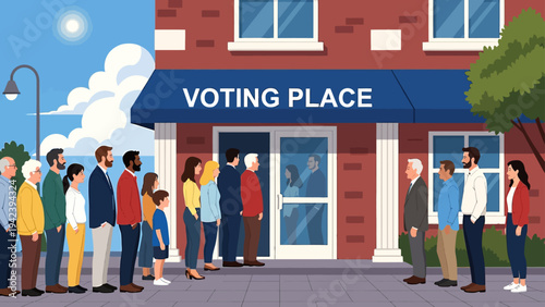 Diverse group of people waiting in line outside a voting place building on a sunny day