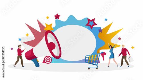 Vibrant shopping concept with megaphone and excited people