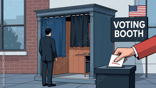Man standing outside voting booth, casting ballot in election