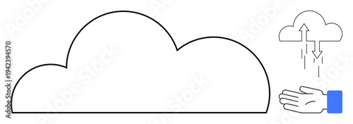 Cloud technology. A graphic showing upload and download data flow with a cloud icon and an open hand gesture. Cloud technology for data sharing, storage, and connectivity. Great for IT solutions