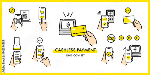 キャッシュレス決済の手元操作アイコンセット（スマートフォン・クレジットカード・QRコード・決済端末）