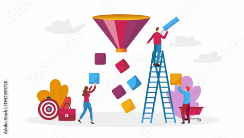 Team working together to achieve business goals with funnel