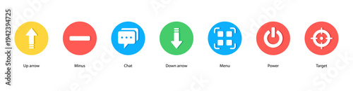Navigation Tools web banner vector illustration featuring Up Arrow, Minus, Chat, Down Arrow, Menu, Power, and Target for digital communication and control.