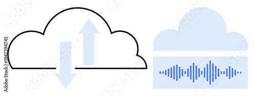 Cloud computing. Visual of data transfer with arrows and a sound wave. Cloud computing enables data storage, transfer, and sound file processing. For technology, data solutions, IoT, apps digital
