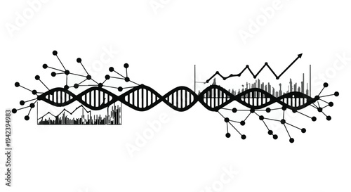 Abstract representation of DNA intertwined with data graphs and network connections, symbolizing genetic research and scientific analysis.