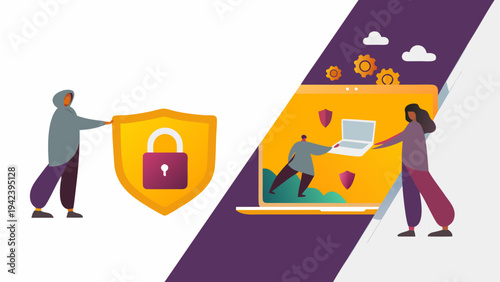 Secure data protection concept with shield and laptop