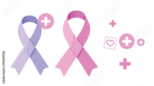 Purple and Pink Awareness Ribbons with Medical Cross Symbols Representing Cancer Support, Breast Cancer Awareness, Health Campaigns, Charity and Medical Care on White Background