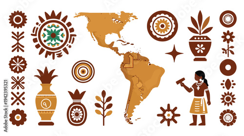 Stylized Map of North, Central and South America with Indigenous Art Patterns, Geometric Motifs, Floral Designs, Pottery and Cultural Heritage Elements Highlighting Latin American Diversity