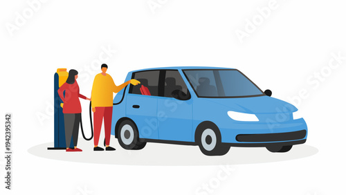 Man and woman refueling blue car at gas station