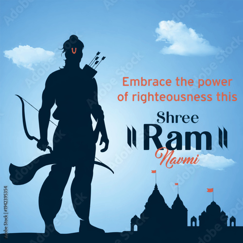 Lord Rama silhouette with temple skyline Ram Navami Hindu festival greeting background