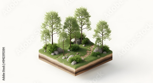 3D illustration of a forest ecosystem with layered soil and lush greenery.