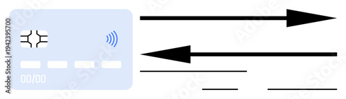 Financial tech, contactless payments, data exchange, online banking, digital currency, secure shopping. Credit card with chip, arrows showing data transfer. Financial tech and contactless payments