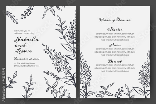 Wedding invitation with hand drawn floral illustration. Hand drawn flower quirky imperfect rough scribble sketch. Perfect for card, poster, flyer