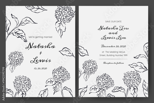 Wedding invitation with hand drawn floral illustration. Hand drawn flower quirky imperfect rough scribble sketch. Perfect for card, poster, flyer
