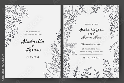 Wedding invitation with hand drawn floral illustration. Hand drawn flower quirky imperfect rough scribble sketch. Perfect for card, poster, flyer