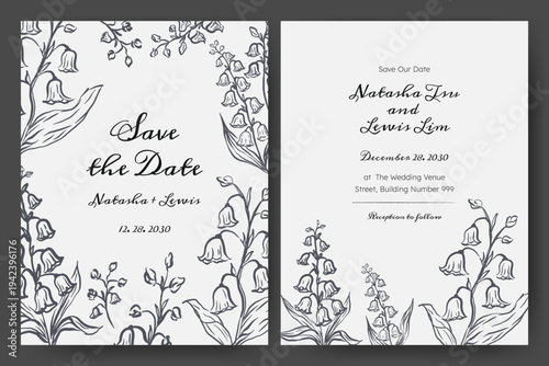 Wedding invitation with hand drawn floral illustration. Hand drawn flower quirky imperfect rough scribble sketch. Perfect for card, poster, flyer