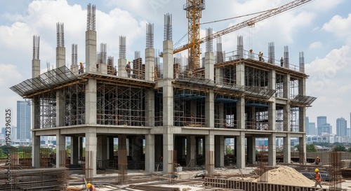 Reinforced Concrete Frame for Future Building, Columns and Slabs Rising With Tower Crane and Workers on Expansive Urban Construction Site Under Cloudy Sky

