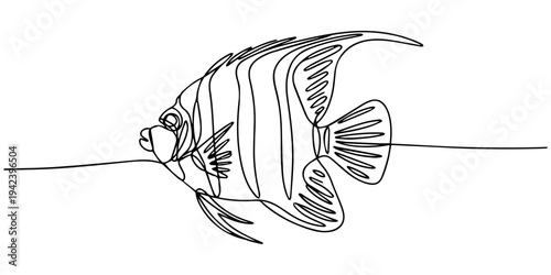 Regal Angelfish continuous one line drawing, Single one line drawing of funny regal angelfish for company logo identity. Beautiful angel fish mascot concept for sea world show icon. Modern continuous