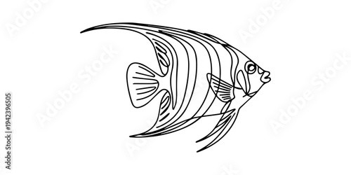 Regal Angelfish continuous one line drawing, Single one line drawing of funny regal angelfish for company logo identity. Beautiful angel fish mascot concept for sea world show icon. Modern continuous